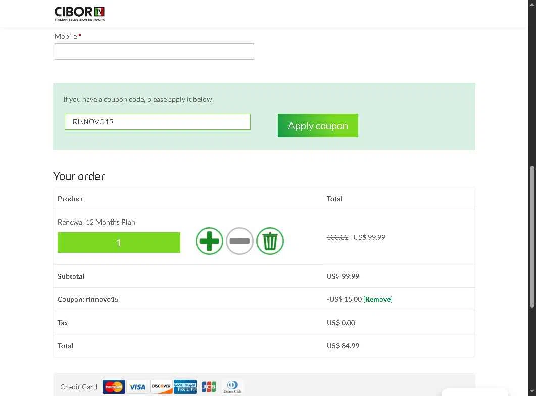 CIBORTV checkout page showing CIBORTV coupon code box | Screenshot taken by SimplyCodes community member on Apr 23, 2025