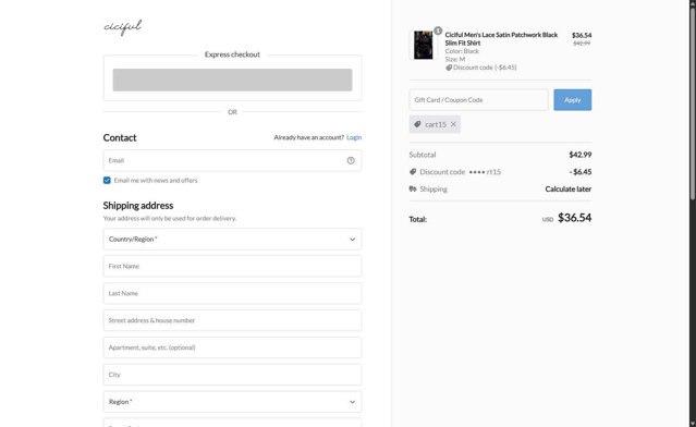 Ciciful checkout page showing Ciciful coupon code box | Screenshot taken by SimplyCodes community member on Jul 25, 2025