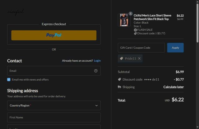 Ciciful checkout page showing Ciciful coupon code box | Screenshot taken by SimplyCodes community member on Jul 23, 2025
