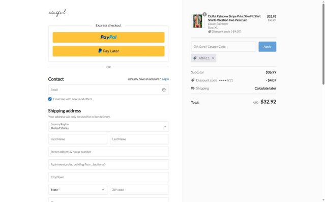 Ciciful checkout page showing Ciciful coupon code box | Screenshot taken by SimplyCodes community member on Aug 21, 2025