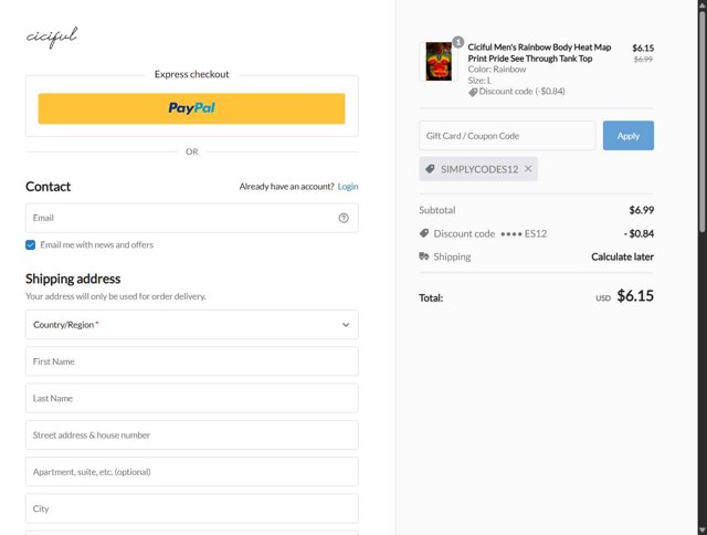 Ciciful checkout page showing Ciciful coupon code box | Screenshot taken by SimplyCodes community member on Aug 17, 2025