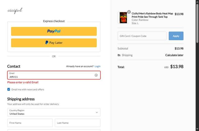 Ciciful checkout page showing Ciciful coupon code box | Screenshot taken by SimplyCodes community member on Aug 21, 2025