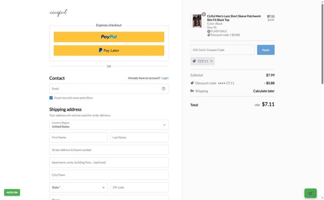 Ciciful checkout page showing Ciciful coupon code box | Screenshot taken by SimplyCodes community member on Aug 29, 2025