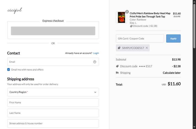 Ciciful checkout page showing Ciciful coupon code box | Screenshot taken by SimplyCodes community member on Aug 30, 2025