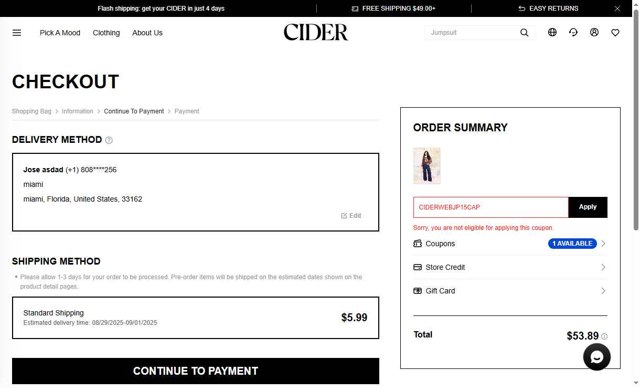 Cider checkout page showing Cider promo code box | Screenshot taken by SimplyCodes community member on Aug 19, 2025