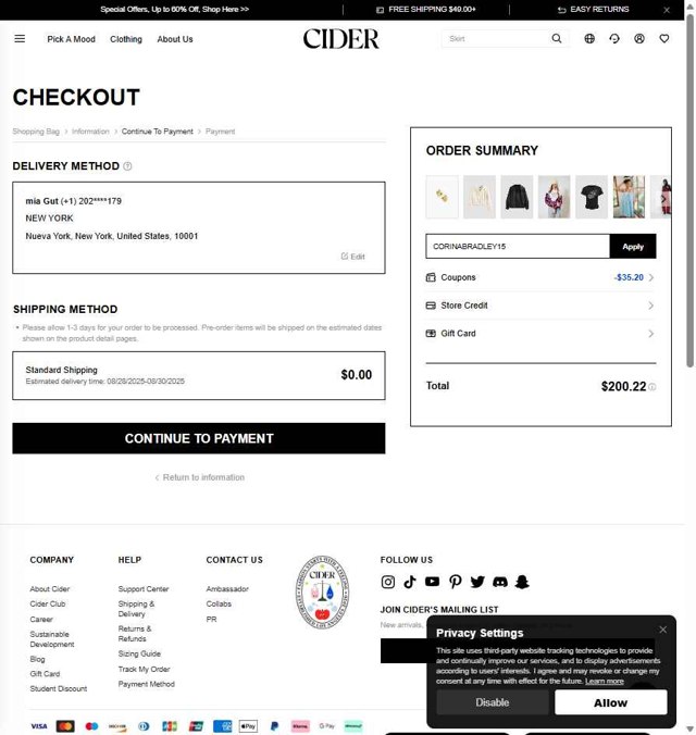 Cider checkout page showing Cider promo code box | Screenshot taken by SimplyCodes community member on Aug 19, 2025