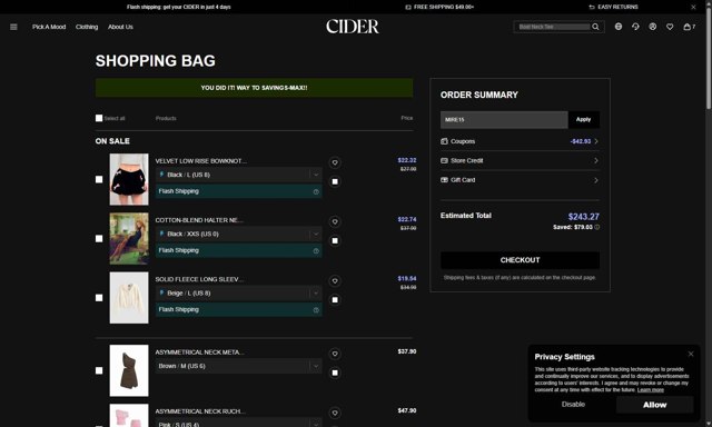 Cider checkout page showing Cider promo code box | Screenshot taken by SimplyCodes community member on Aug 27, 2025