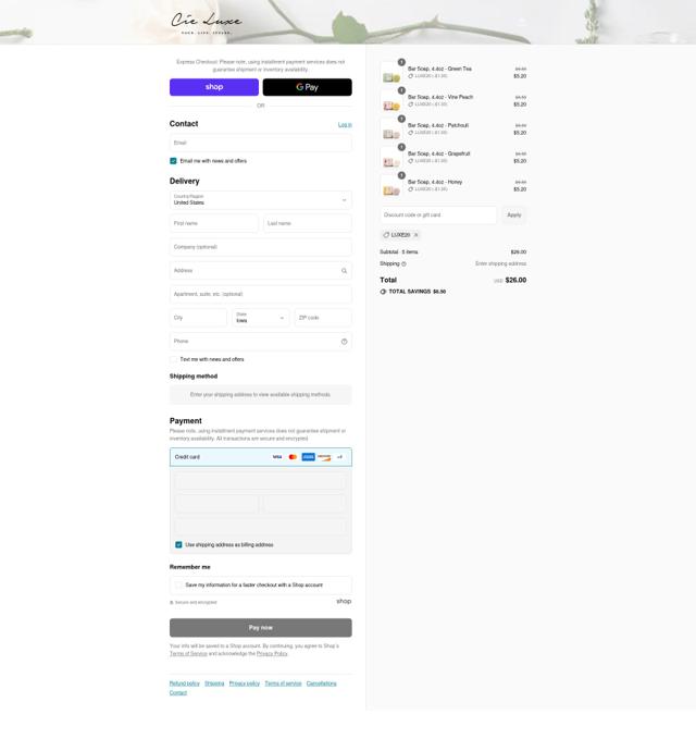 Cie Luxe checkout page showing Cie Luxe promo code box | Screenshot taken by SimplyCodes community member on Sep 8, 2025