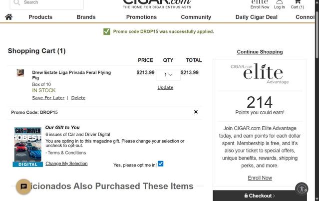 CIGAR.com checkout page showing CIGAR.com promo code box | Screenshot taken by SimplyCodes community member on Aug 29, 2025