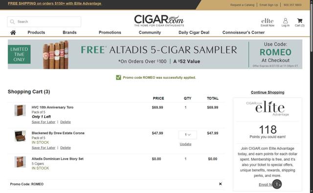 CIGAR.com checkout page showing CIGAR.com promo code box | Screenshot taken by SimplyCodes community member on Aug 26, 2025