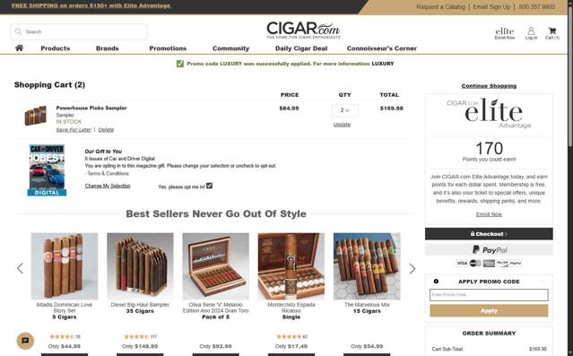 CIGAR.com checkout page showing CIGAR.com promo code box | Screenshot taken by SimplyCodes community member on Aug 29, 2025
