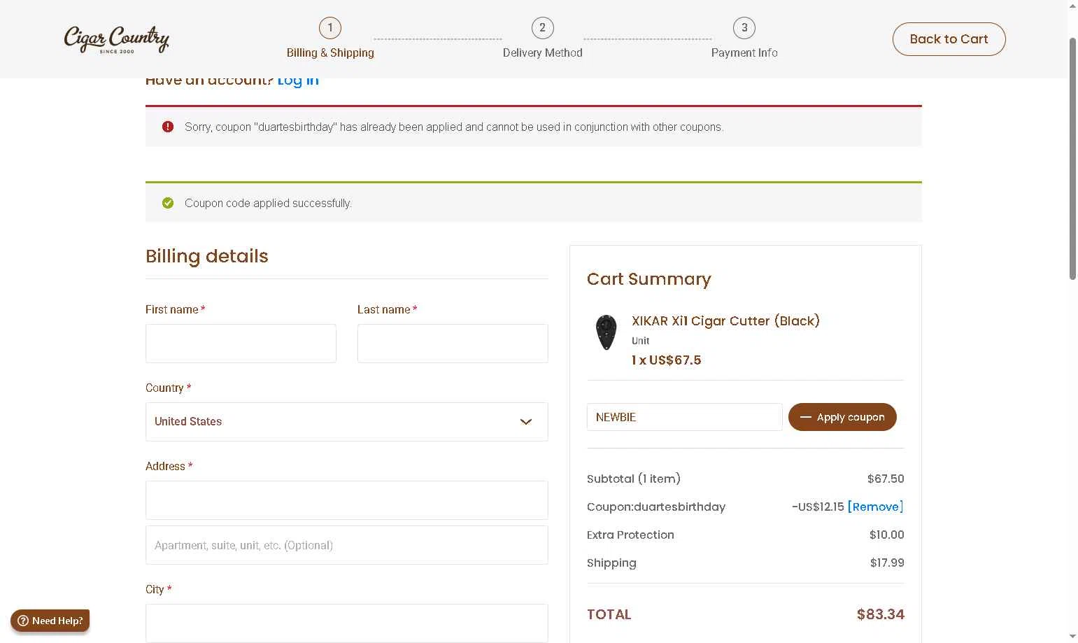 Cigar Country checkout page showing Cigar Country coupon code box | Screenshot taken by SimplyCodes community member on Jan 24, 2026