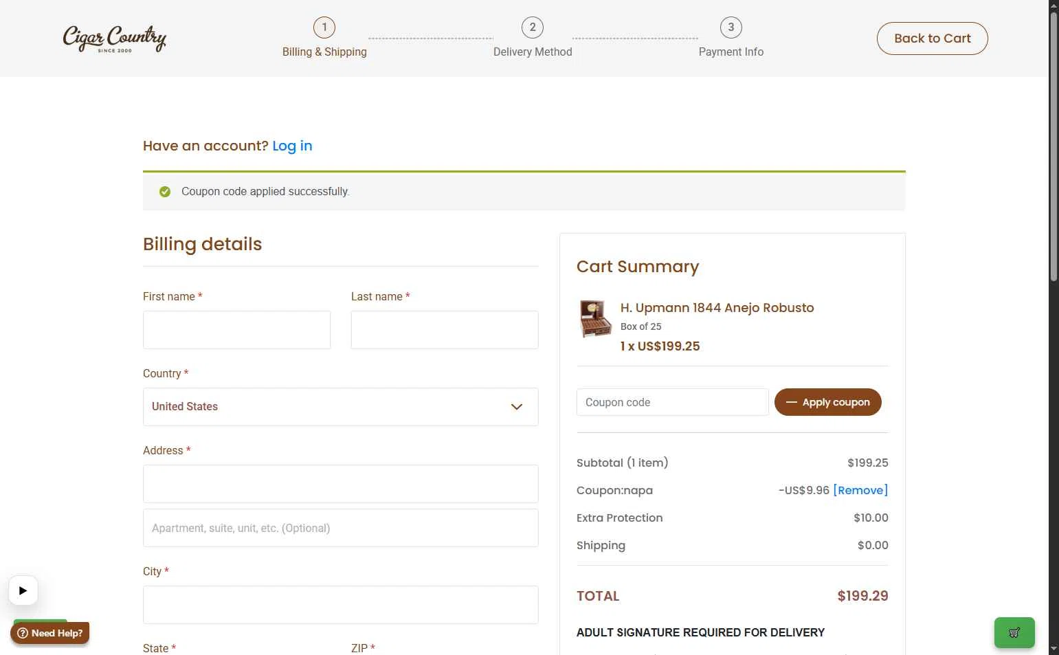 Cigar Country checkout page showing Cigar Country coupon code box | Screenshot taken by SimplyCodes community member on Jan 7, 2026
