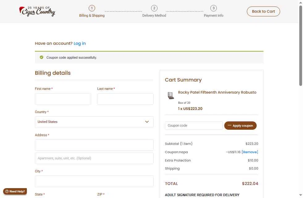 Cigar Country checkout page showing Cigar Country coupon code box | Screenshot taken by SimplyCodes community member on Dec 9, 2025