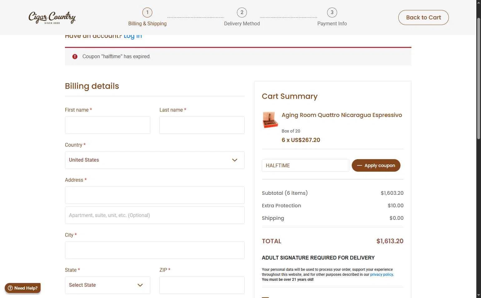 Cigar Country checkout page showing Cigar Country coupon code box | Screenshot taken by SimplyCodes community member on Feb 9, 2026