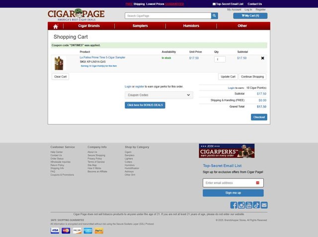 CigarPage checkout page showing CigarPage coupon code box | Screenshot taken by SimplyCodes community member on Sep 2, 2025