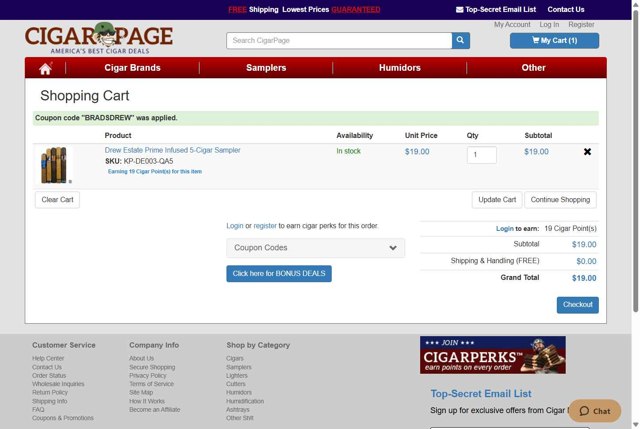 CigarPage checkout page showing CigarPage coupon code box | Screenshot taken by SimplyCodes community member on Aug 28, 2025