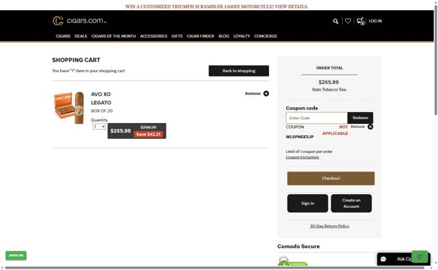Cigars.com checkout page showing Cigars.com coupon code box | Screenshot taken by SimplyCodes community member on Sep 1, 2025