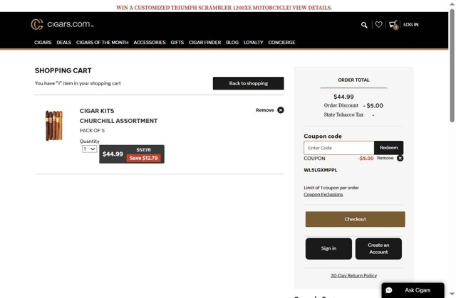 Cigars.com checkout page showing Cigars.com coupon code box | Screenshot taken by SimplyCodes community member on Sep 1, 2025