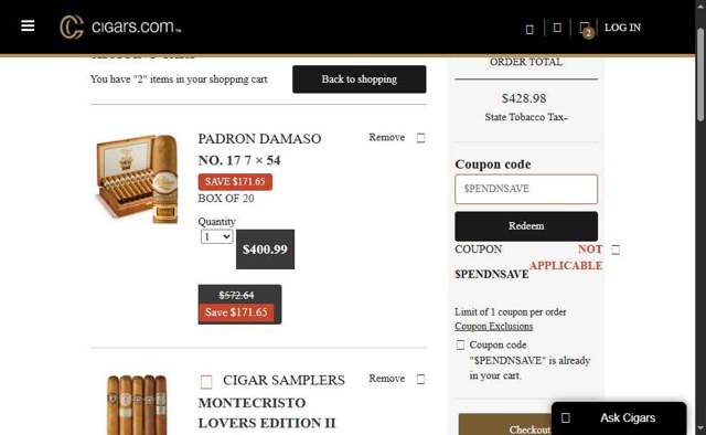Cigars.com checkout page showing Cigars.com coupon code box | Screenshot taken by SimplyCodes community member on Jul 31, 2025