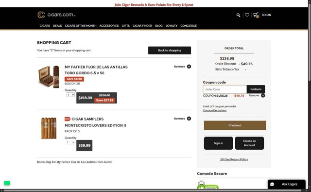 Cigars.com checkout page showing Cigars.com coupon code box | Screenshot taken by SimplyCodes community member on Jul 25, 2025
