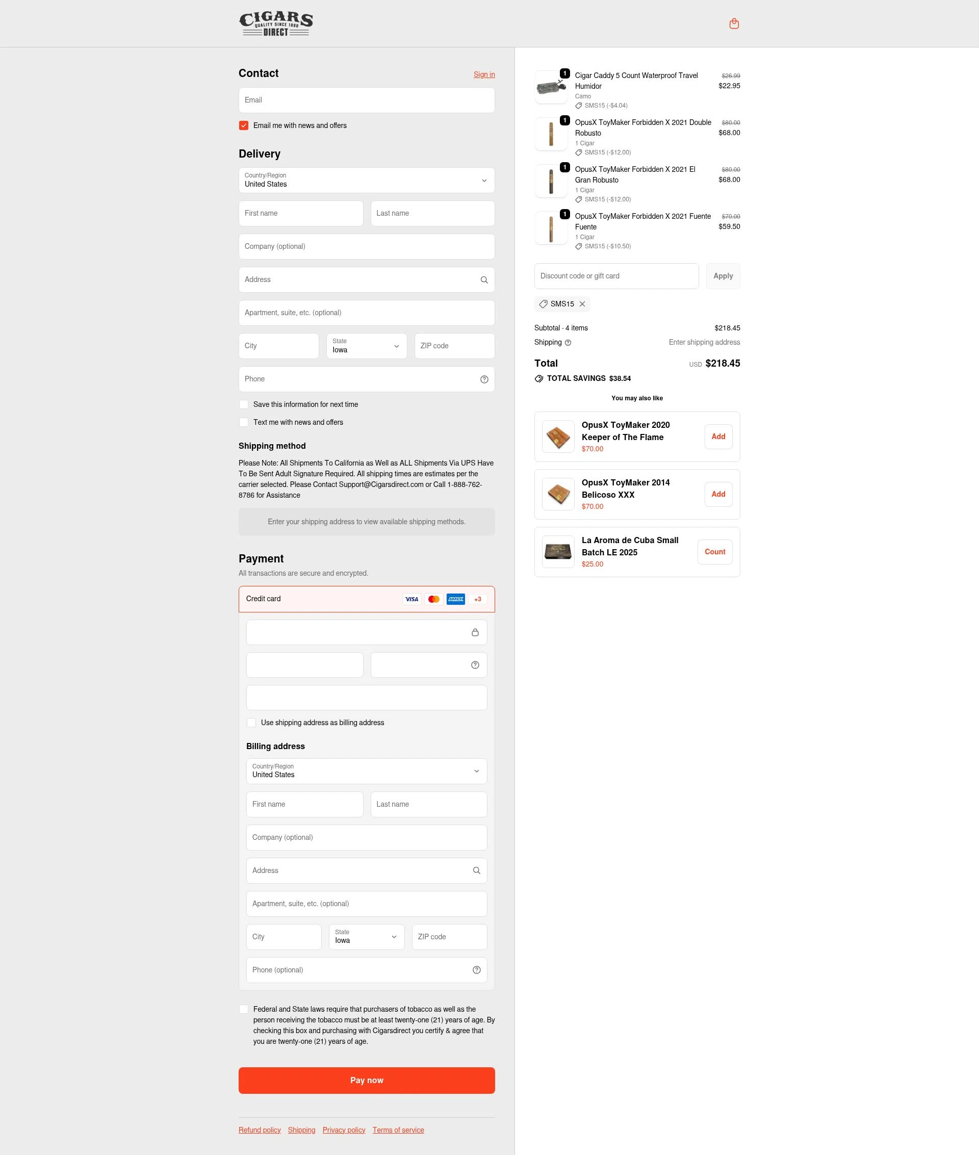 Cigars Direct checkout page showing Cigars Direct discount code box | Screenshot taken by SimplyCodes community member on Feb 10, 2026