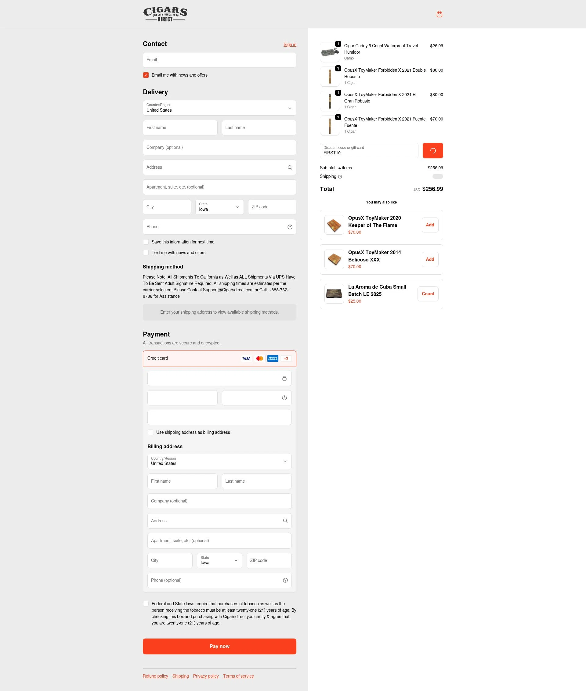 Cigars Direct checkout page showing Cigars Direct discount code box | Screenshot taken by SimplyCodes community member on Feb 10, 2026