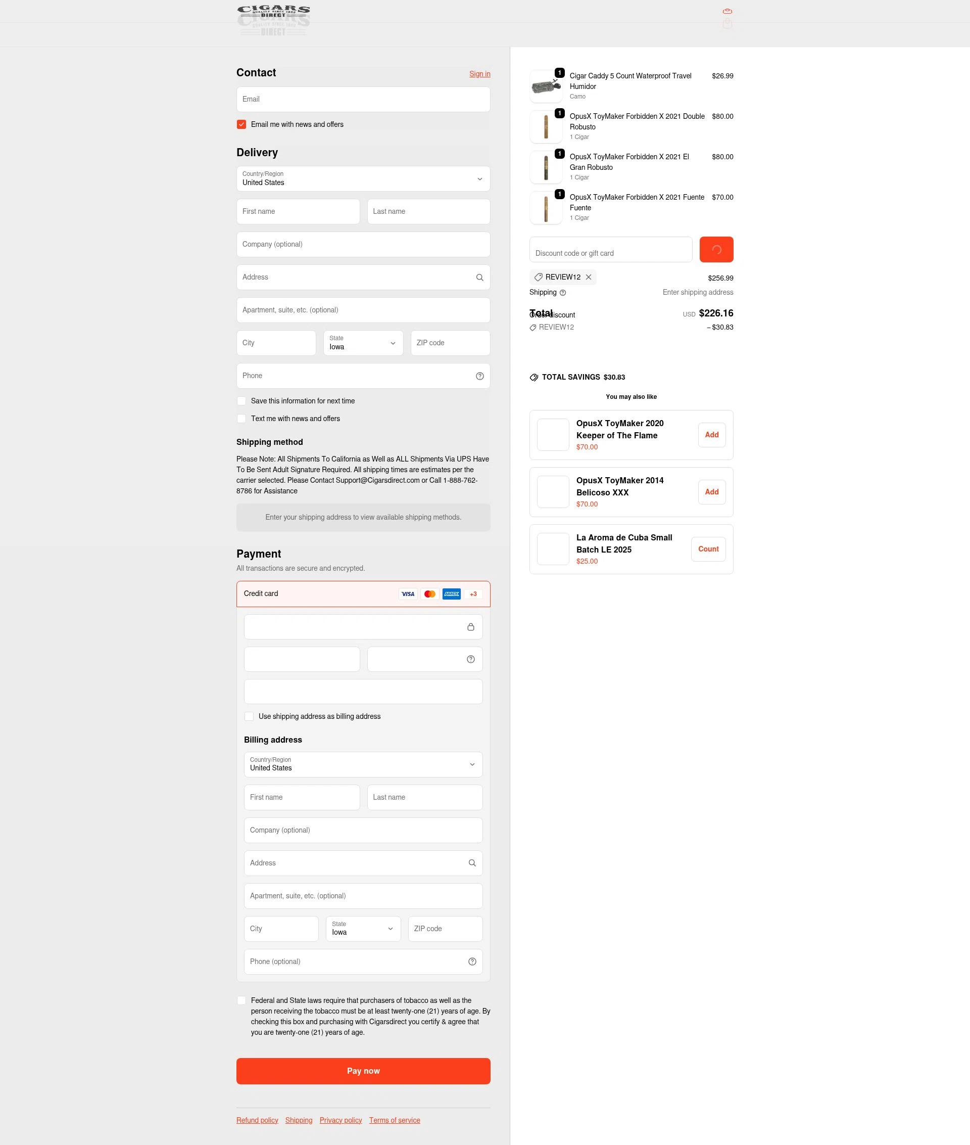 Cigars Direct checkout page showing Cigars Direct discount code box | Screenshot taken by SimplyCodes community member on Feb 10, 2026
