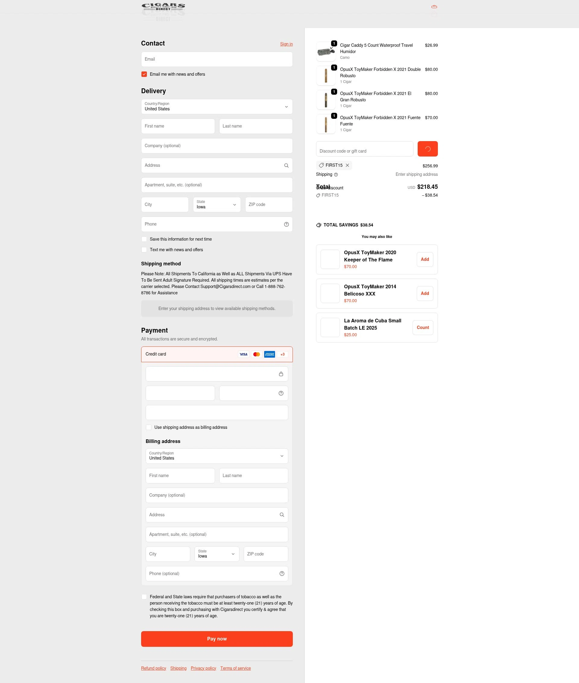 Cigars Direct checkout page showing Cigars Direct discount code box | Screenshot taken by SimplyCodes community member on Feb 10, 2026