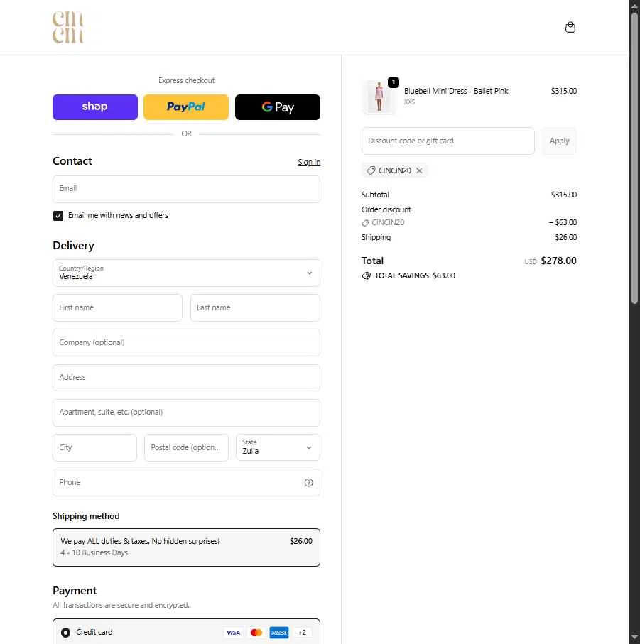 CIN CIN checkout page showing CIN CIN discount code box | Screenshot taken by SimplyCodes community member on Feb 12, 2026