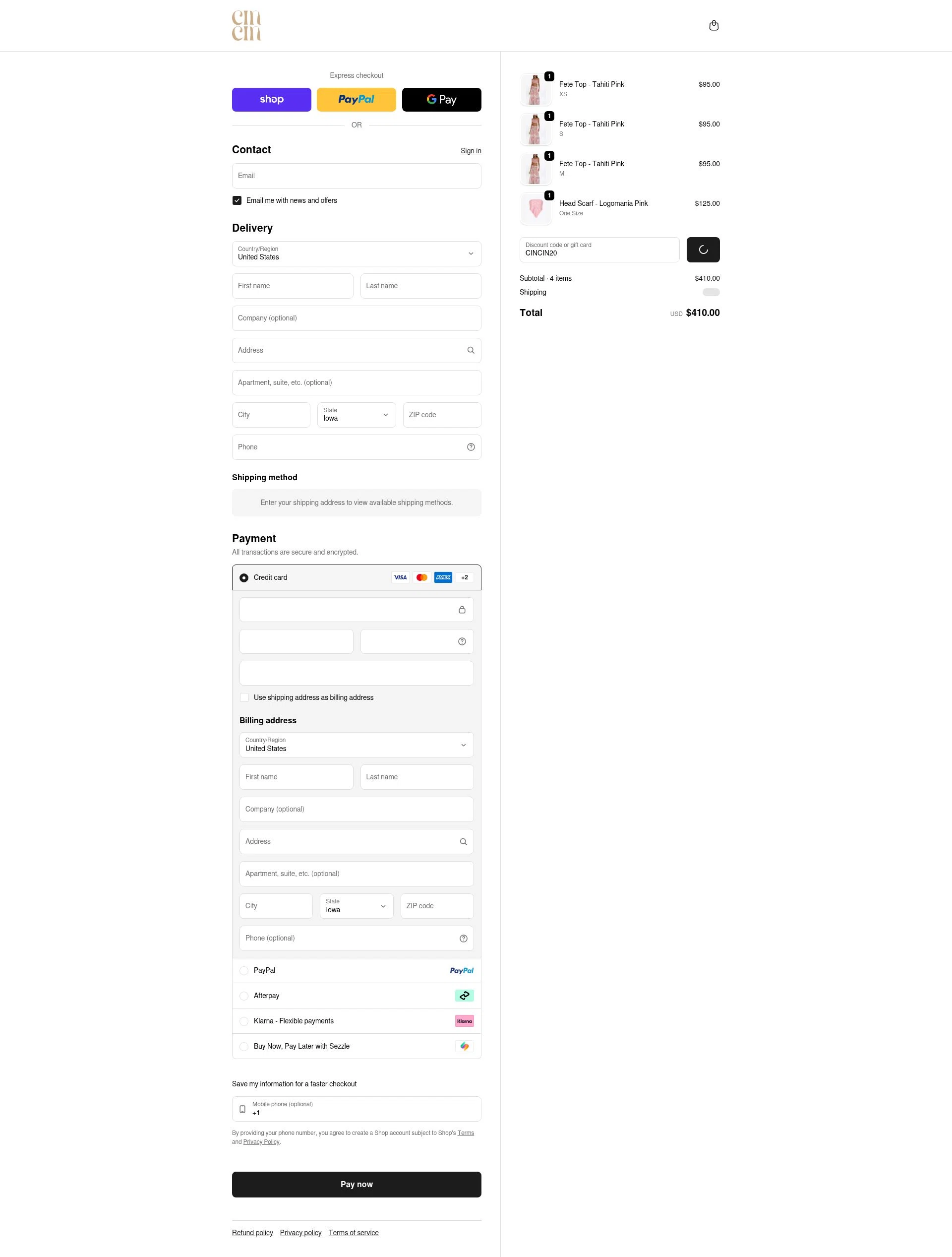 CIN CIN checkout page showing CIN CIN discount code box | Screenshot taken by SimplyCodes community member on Feb 17, 2026