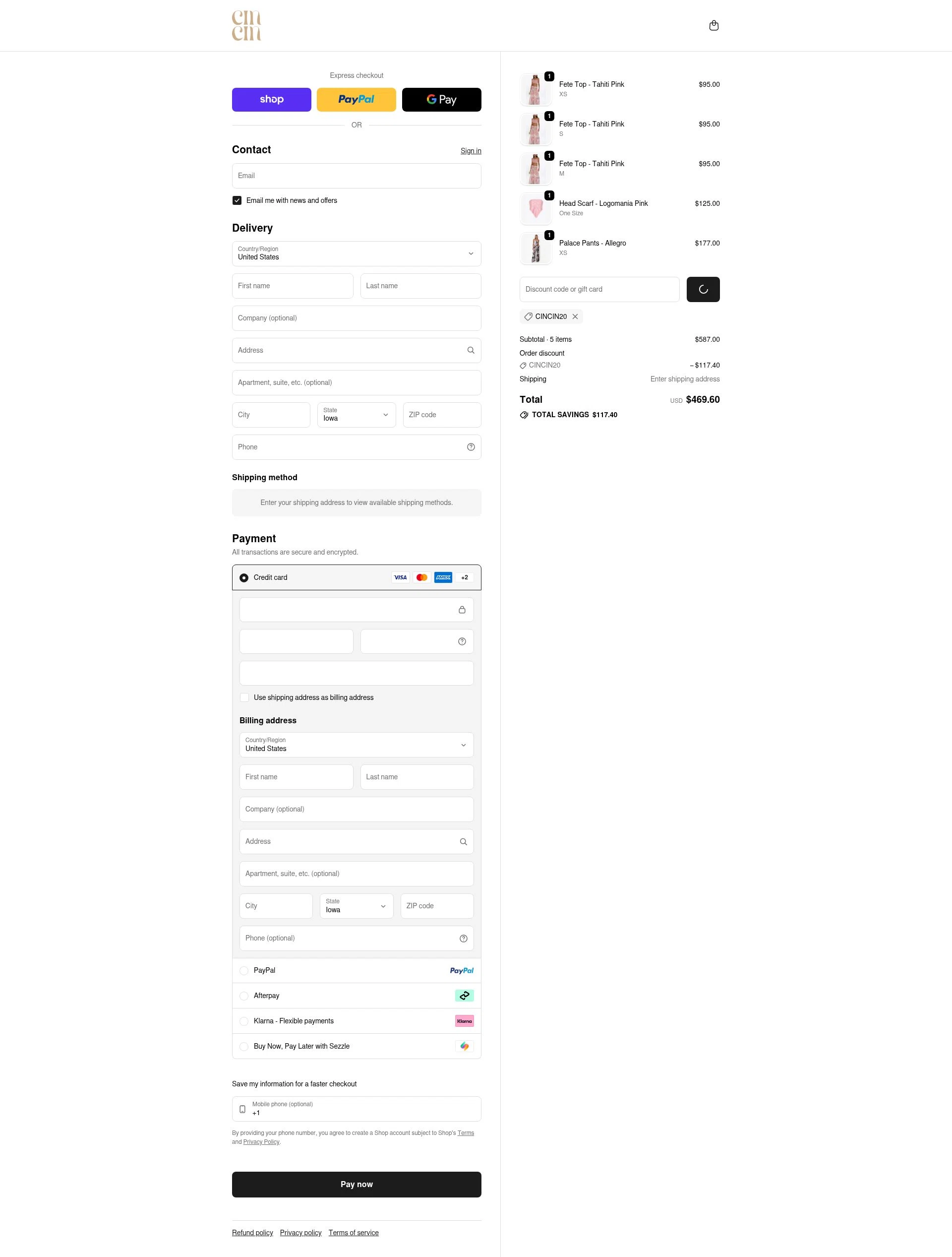 CIN CIN checkout page showing CIN CIN discount code box | Screenshot taken by SimplyCodes community member on Feb 11, 2026