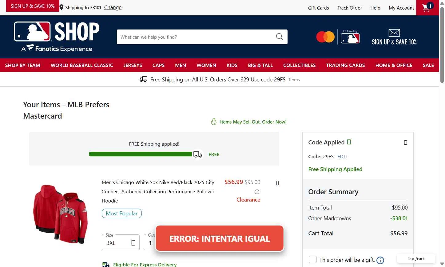 Cincinnati Reds checkout page showing Cincinnati Reds promo code box | Screenshot taken by SimplyCodes community member on Jan 31, 2026