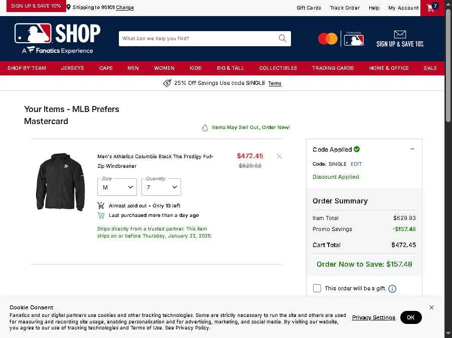 Cincinnati Reds checkout page showing Cincinnati Reds promo code box | Screenshot taken by SimplyCodes community member on Jan 15, 2026