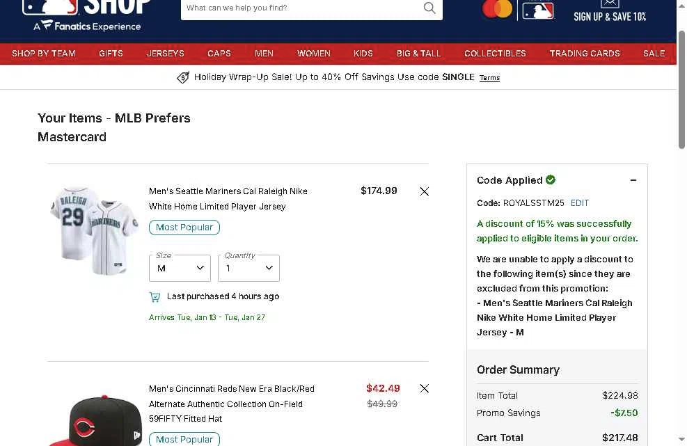Cincinnati Reds checkout page showing Cincinnati Reds promo code box | Screenshot taken by SimplyCodes community member on Dec 24, 2025