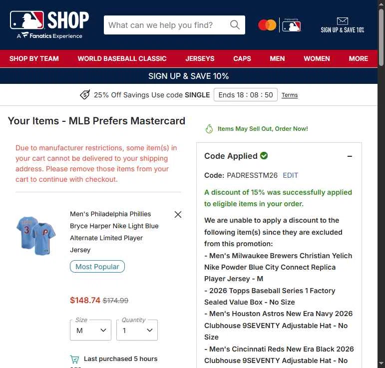 Cincinnati Reds checkout page showing Cincinnati Reds promo code box | Screenshot taken by SimplyCodes community member on Feb 24, 2026