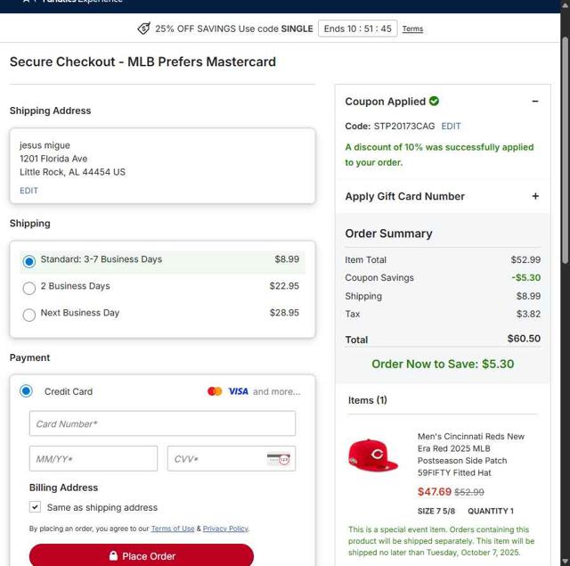 Cincinnati Reds checkout page showing Cincinnati Reds promo code box | Screenshot taken by SimplyCodes community member on Sep 29, 2025