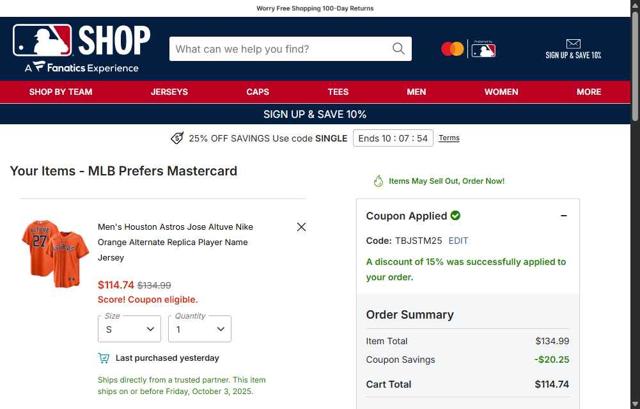 Cincinnati Reds checkout page showing Cincinnati Reds promo code box | Screenshot taken by SimplyCodes community member on Oct 2, 2025