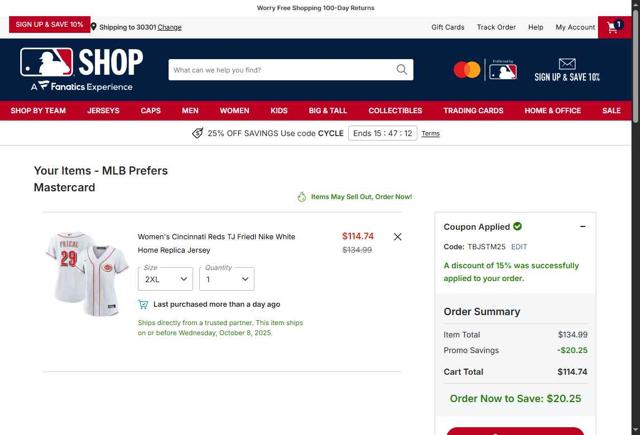 Cincinnati Reds checkout page showing Cincinnati Reds promo code box | Screenshot taken by SimplyCodes community member on Sep 10, 2025