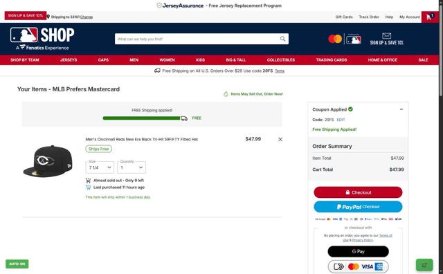 Cincinnati Reds checkout page showing Cincinnati Reds promo code box | Screenshot taken by SimplyCodes community member on Sep 9, 2025