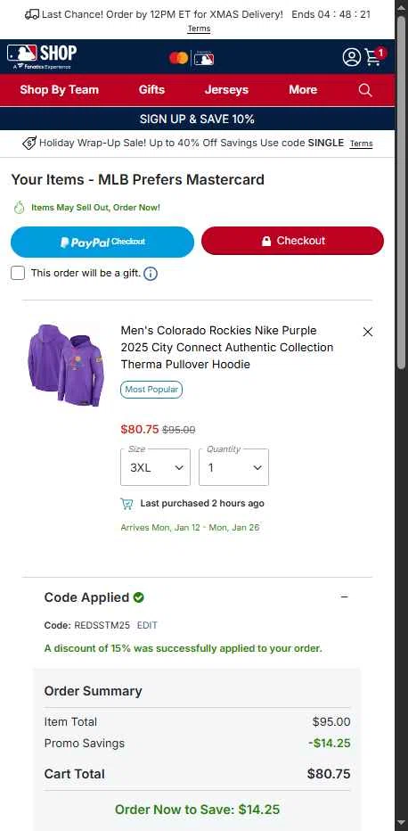 Cincinnati Reds checkout page showing Cincinnati Reds promo code box | Screenshot taken by SimplyCodes community member on Dec 22, 2025