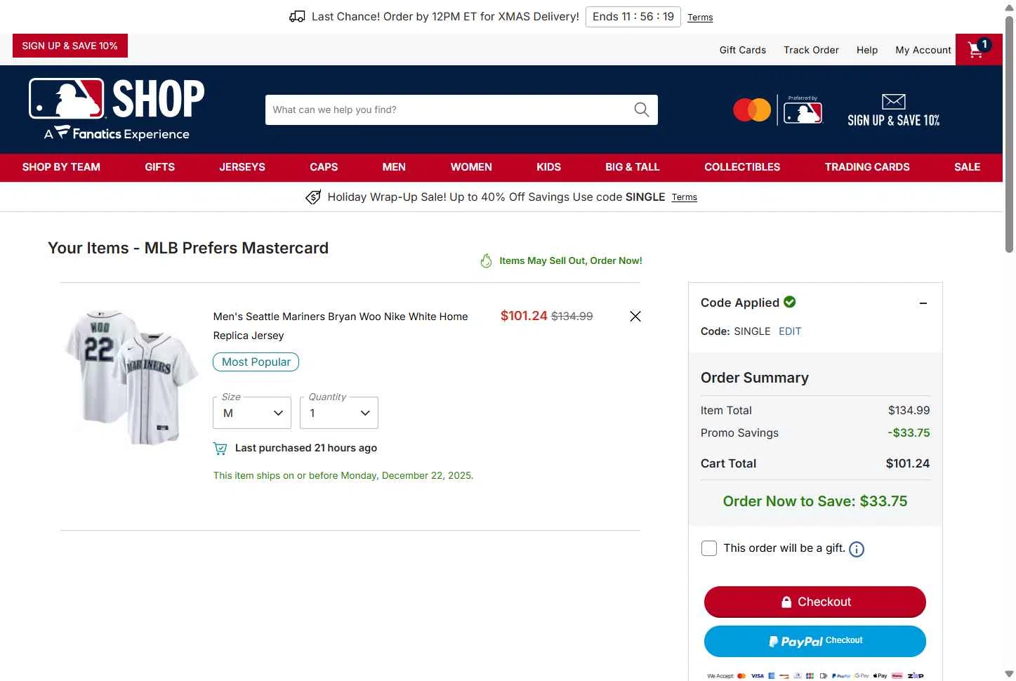 Cincinnati Reds checkout page showing Cincinnati Reds promo code box | Screenshot taken by SimplyCodes community member on Dec 22, 2025