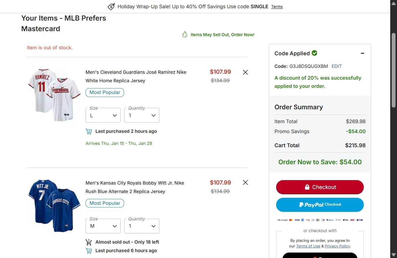 Cincinnati Reds checkout page showing Cincinnati Reds promo code box | Screenshot taken by SimplyCodes community member on Dec 30, 2025