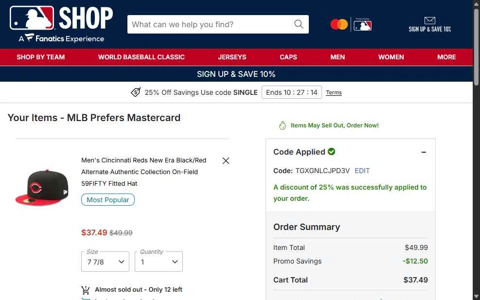 Cincinnati Reds checkout page showing Cincinnati Reds promo code box | Screenshot taken by SimplyCodes community member on Jan 16, 2026