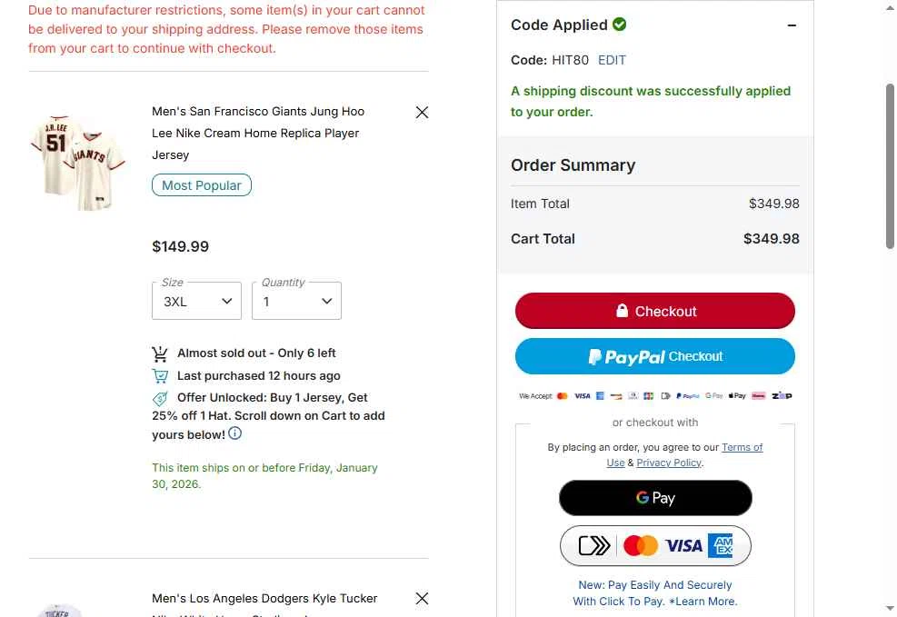 Cincinnati Reds checkout page showing Cincinnati Reds promo code box | Screenshot taken by SimplyCodes community member on Jan 30, 2026