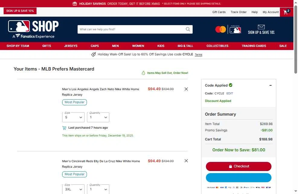 Cincinnati Reds checkout page showing Cincinnati Reds promo code box | Screenshot taken by SimplyCodes community member on Dec 19, 2025