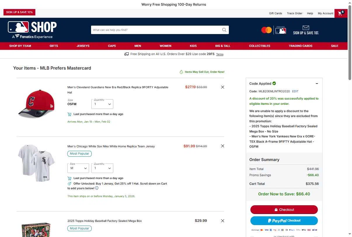 Cincinnati Reds checkout page showing Cincinnati Reds promo code box | Screenshot taken by SimplyCodes community member on Jan 3, 2026