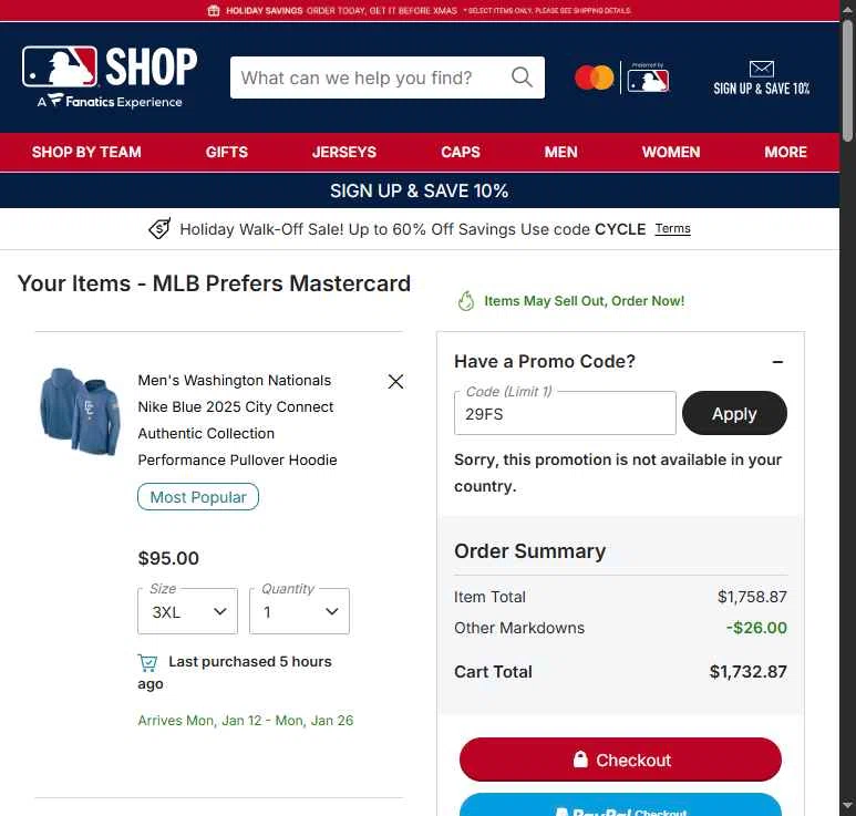 Cincinnati Reds checkout page showing Cincinnati Reds promo code box | Screenshot taken by SimplyCodes community member on Dec 20, 2025