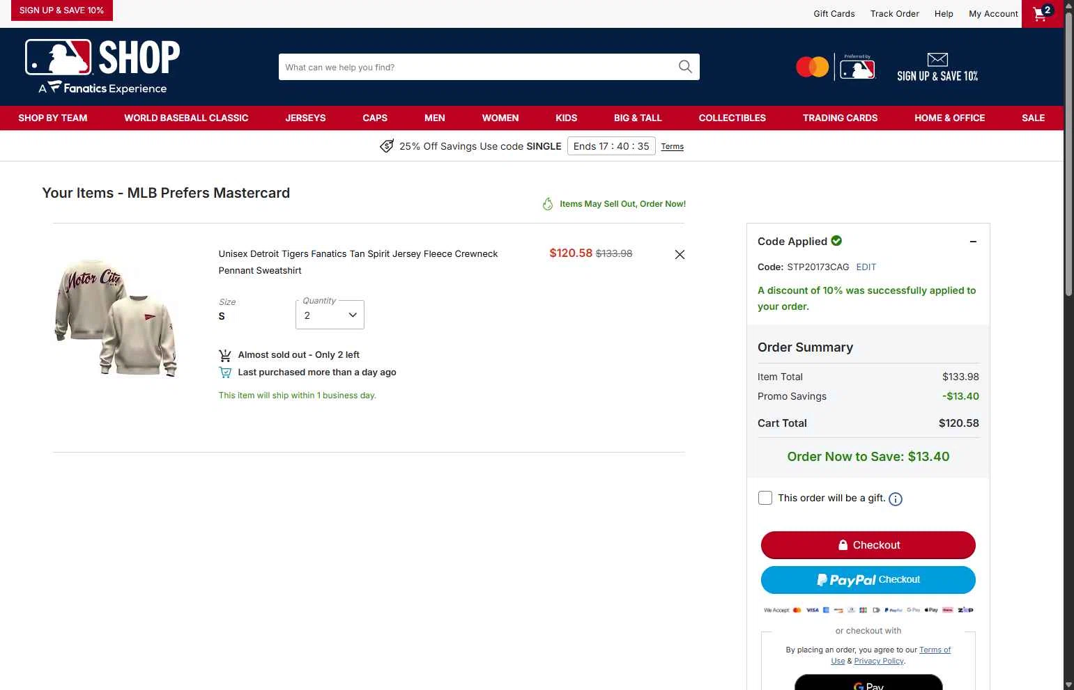 Cincinnati Reds checkout page showing Cincinnati Reds promo code box | Screenshot taken by SimplyCodes community member on Feb 24, 2026