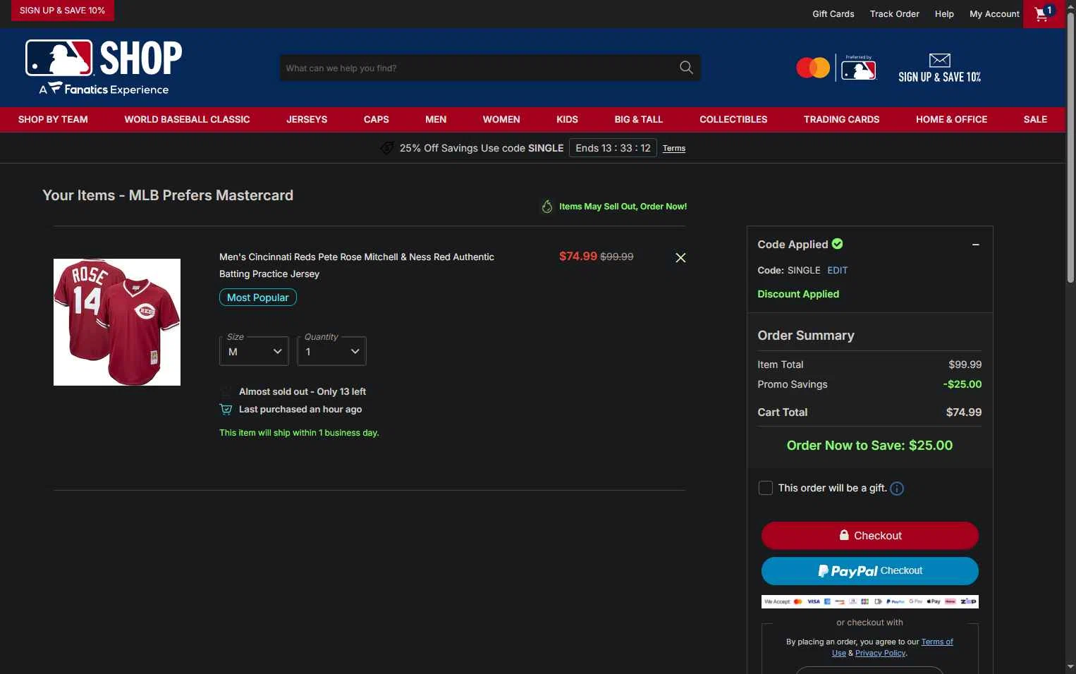 Cincinnati Reds checkout page showing Cincinnati Reds promo code box | Screenshot taken by SimplyCodes community member on Feb 4, 2026
